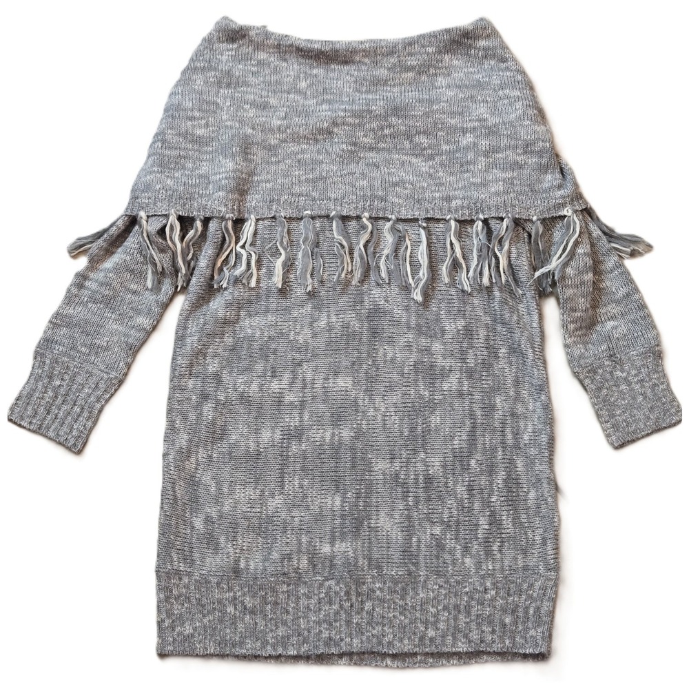 Dream Catcher Grey Marled Off‎ Shoulder Sweater Tunic Fringe M